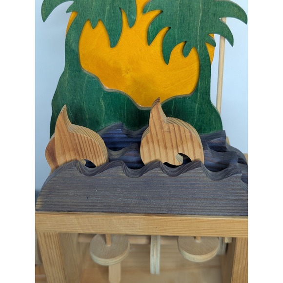 Vintage Wooden Automaton Hand Crank Wood Toy Decor Dolphin Sunset Palm Trees - Picture 3 of 14